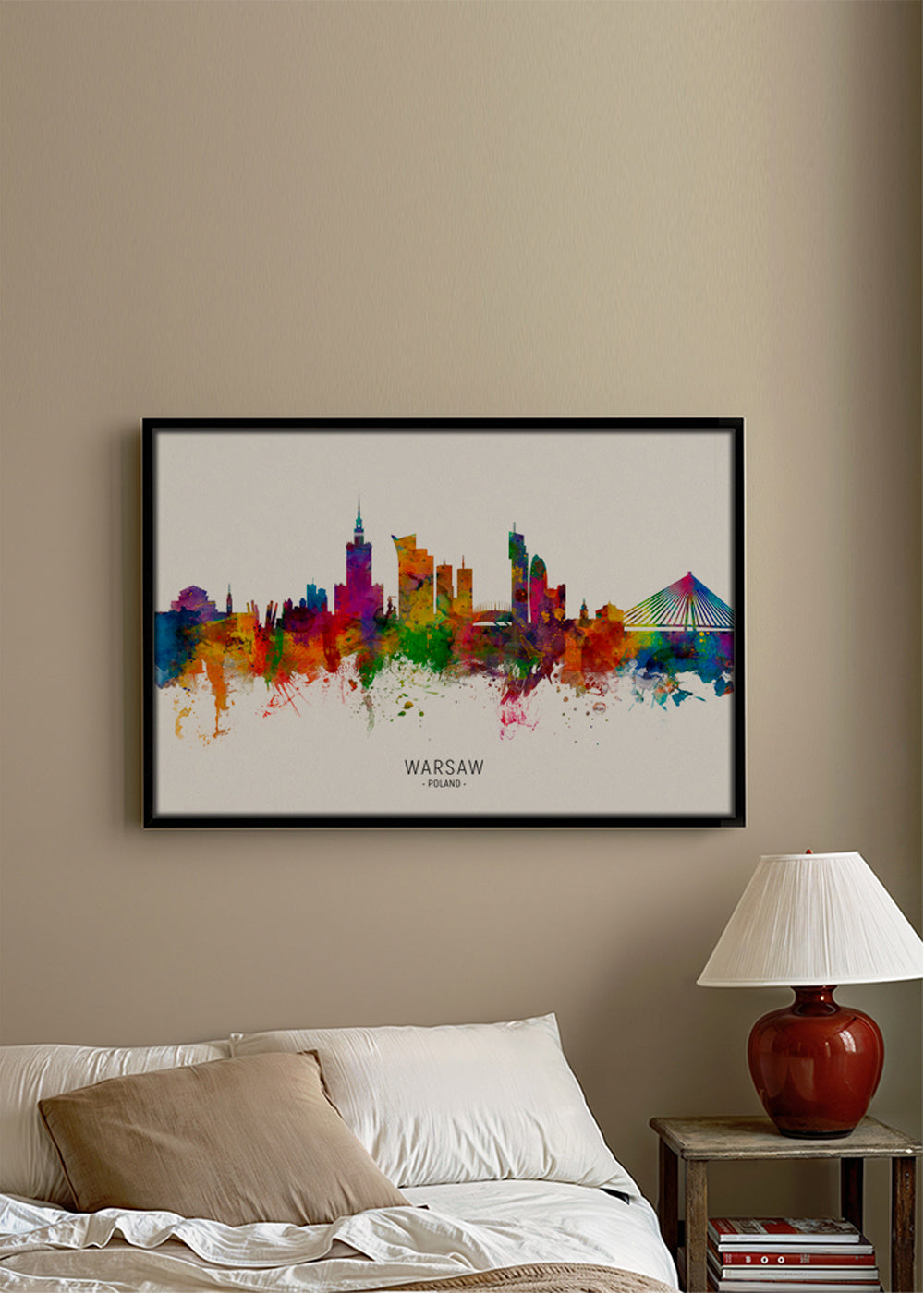 Rejseplakat: Warszawa skyline i farverig akvarel