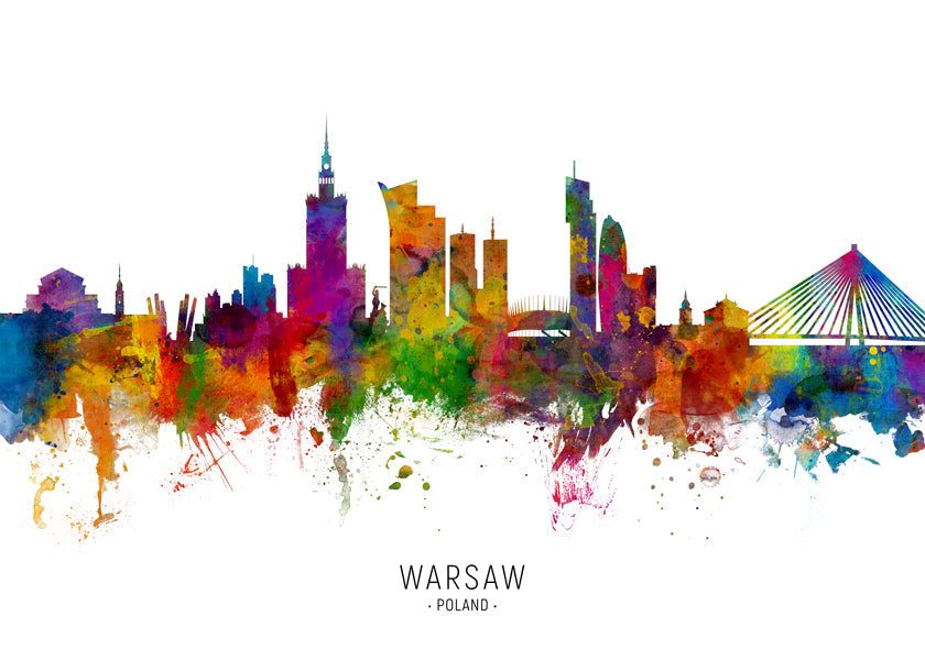 Rejseplakat: Warszawa skyline i farverig akvarel