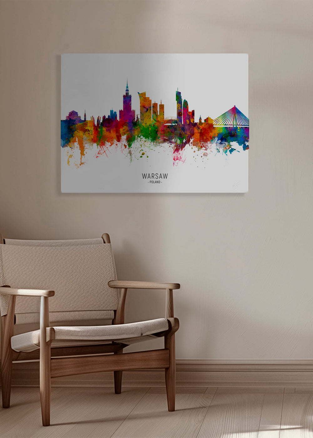 Rejseplakat: Warszawa skyline i farverig akvarel