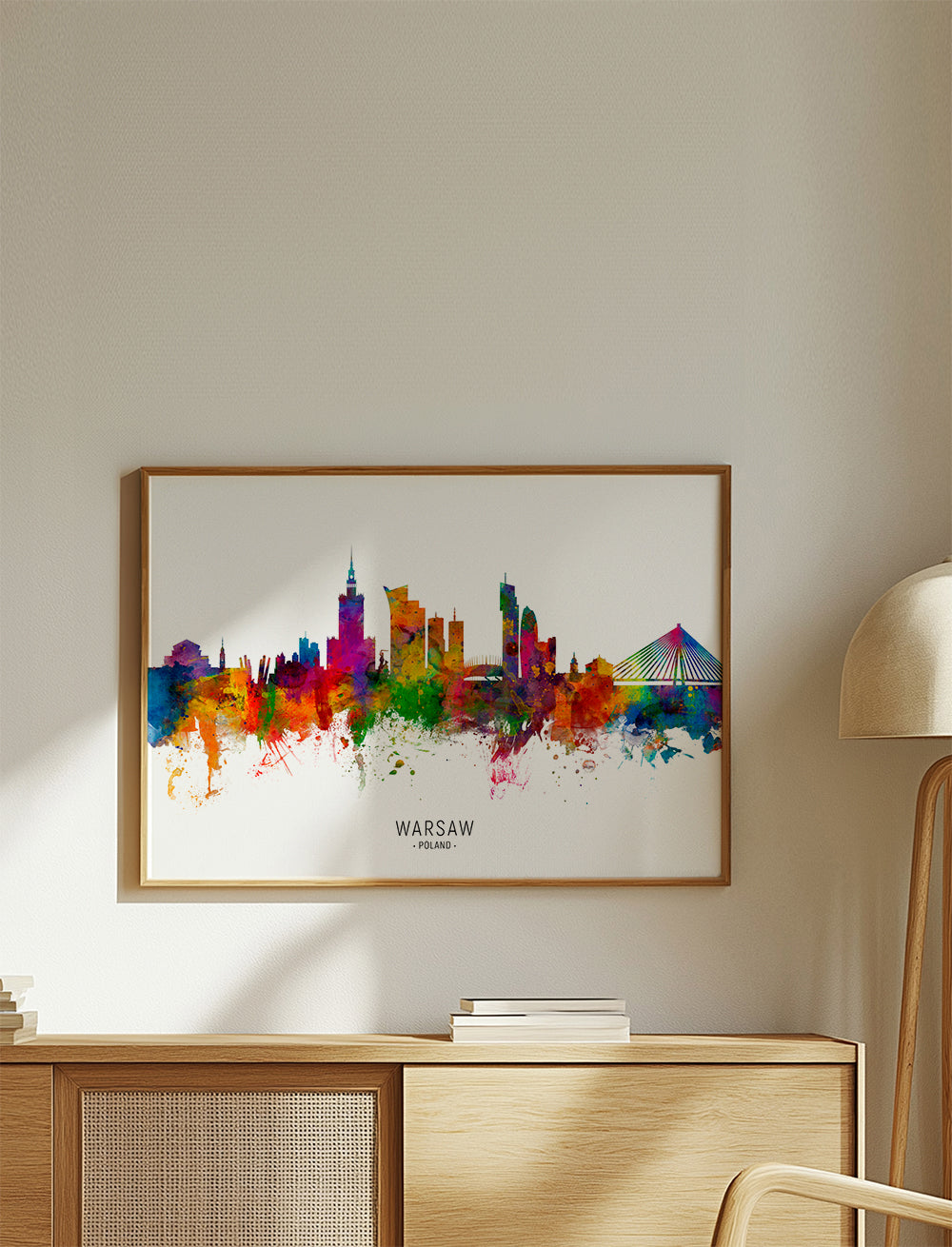 Rejseplakat: Warszawa skyline i farverig akvarel