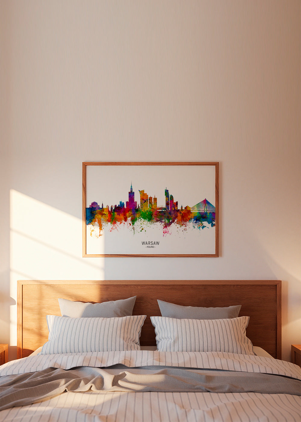 Rejseplakat: Warszawa skyline i farverig akvarel