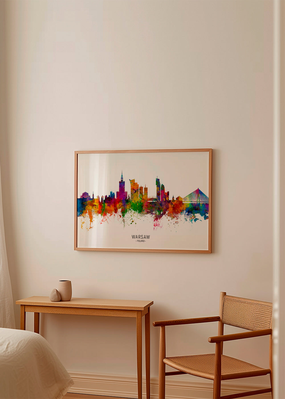 Rejseplakat: Warszawa skyline i farverig akvarel