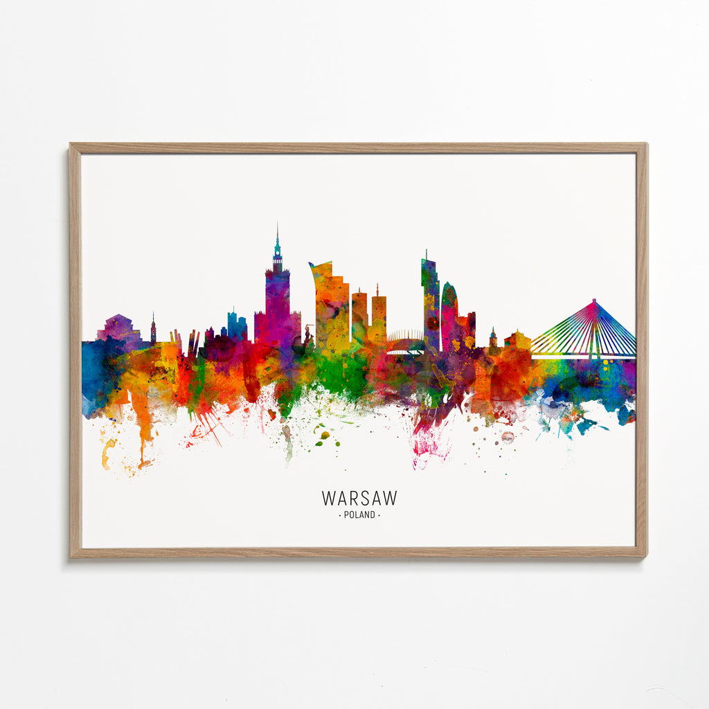 Rejseplakat: Warszawa skyline i farverig akvarel
