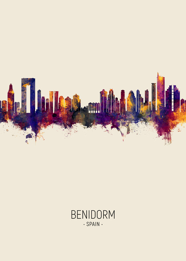 Rejseplakat Benidorm skyline i farver