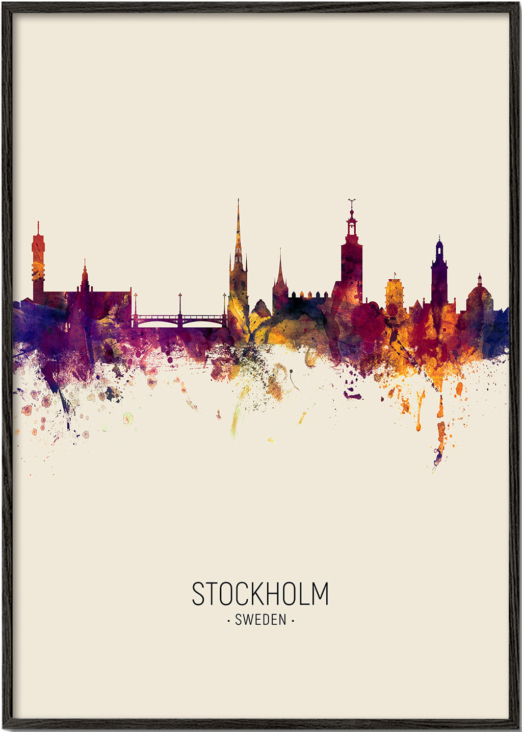 Rejseplakat Stockholm skyline akvarel