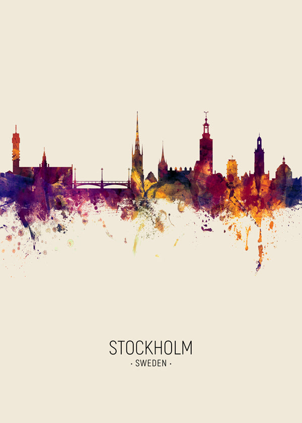 Rejseplakat Stockholm skyline akvarel
