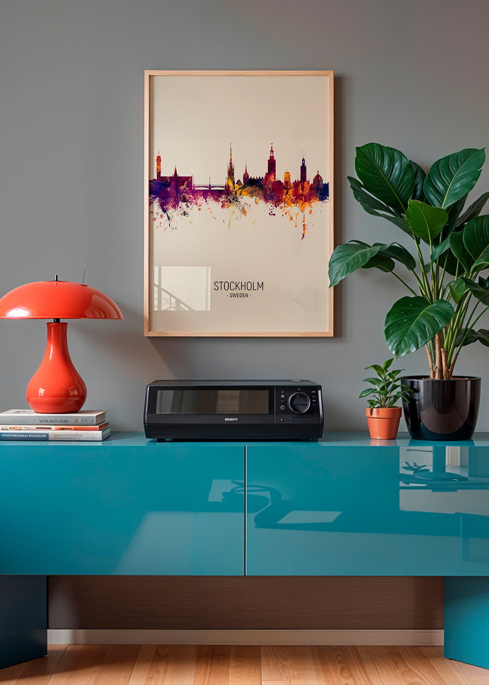 Rejseplakat Stockholm skyline akvarel