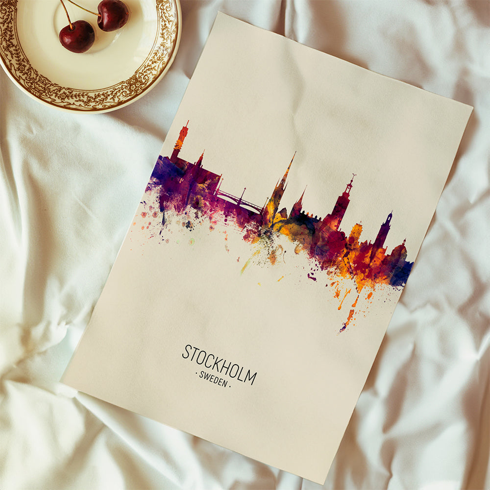 Rejseplakat Stockholm skyline akvarel