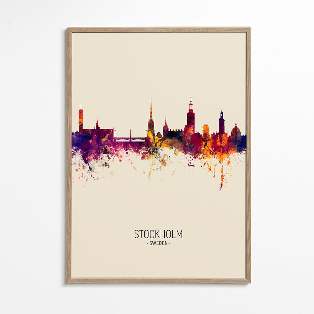 Rejseplakat Stockholm skyline akvarel