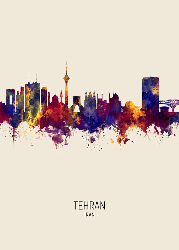 Bykunst Teheran skyline akvarel