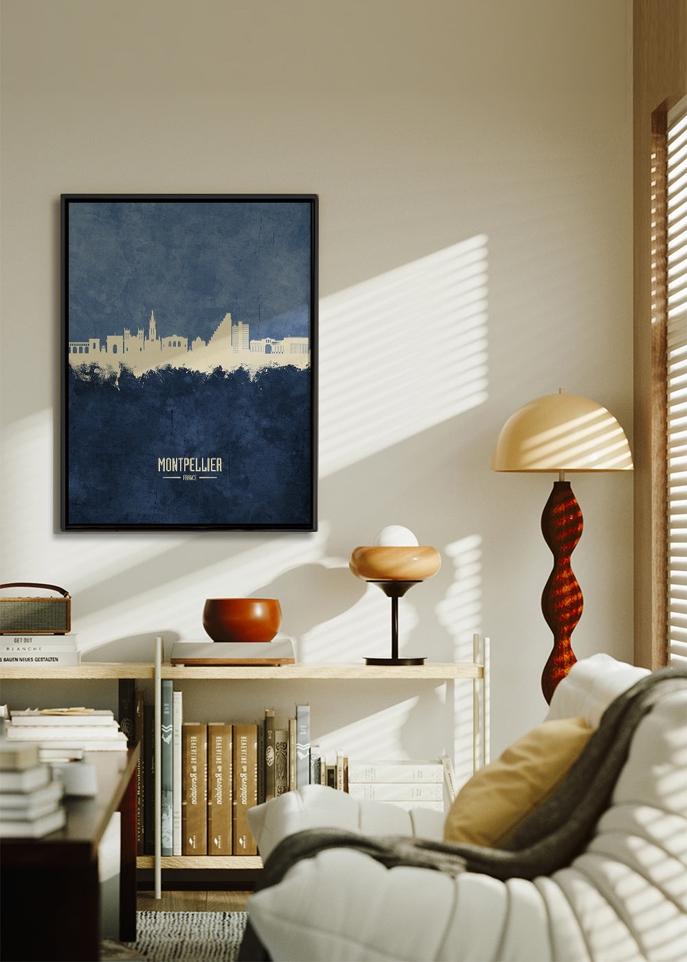 Rejseplakat: Montpellier skyline i blå