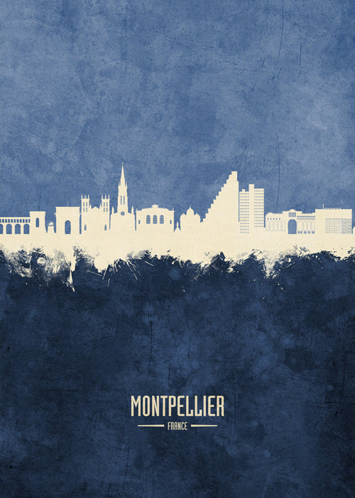 Rejseplakat: Montpellier skyline i blå