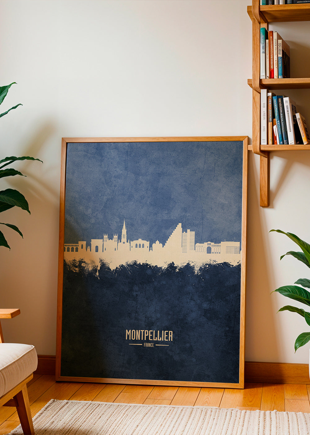 Rejseplakat: Montpellier skyline i blå