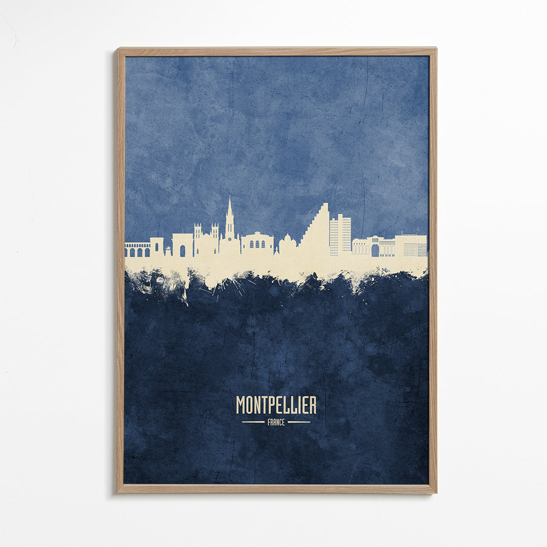 Rejseplakat: Montpellier skyline i blå
