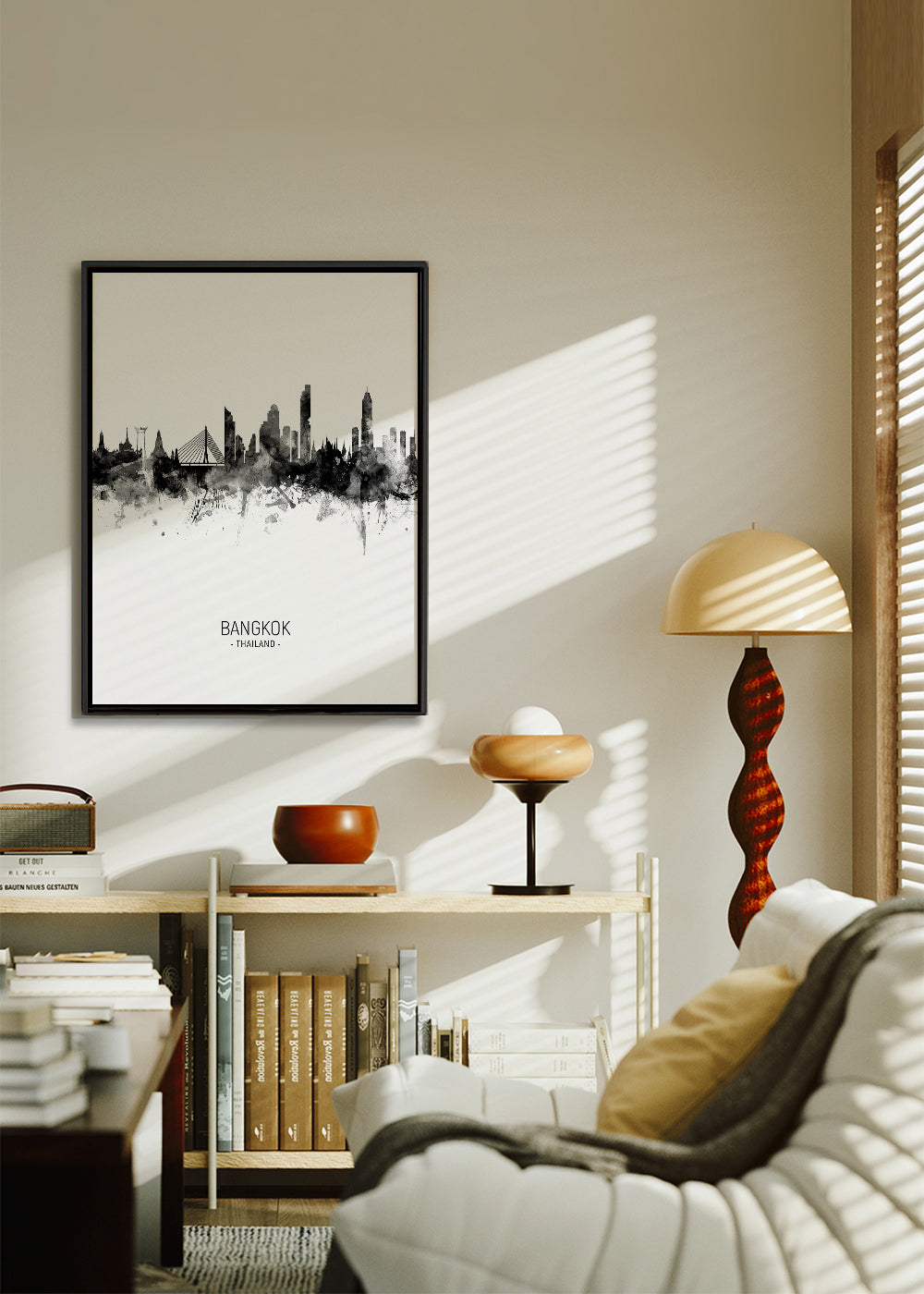 Rejseplakat: Bangkok skyline i blæk