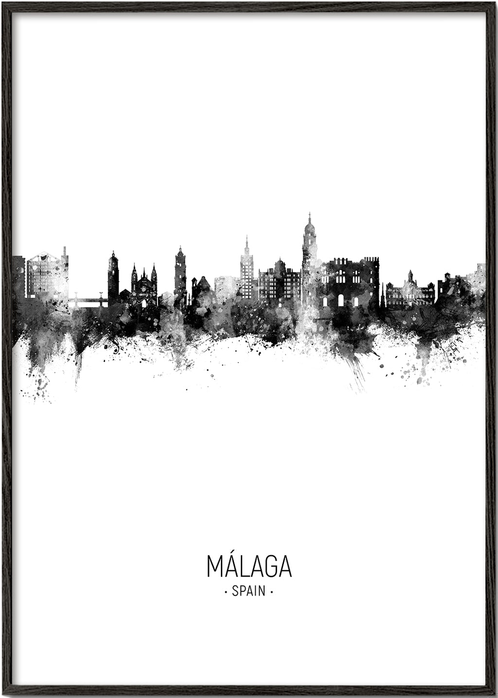 Byplakat Málaga skyline sort-hvid