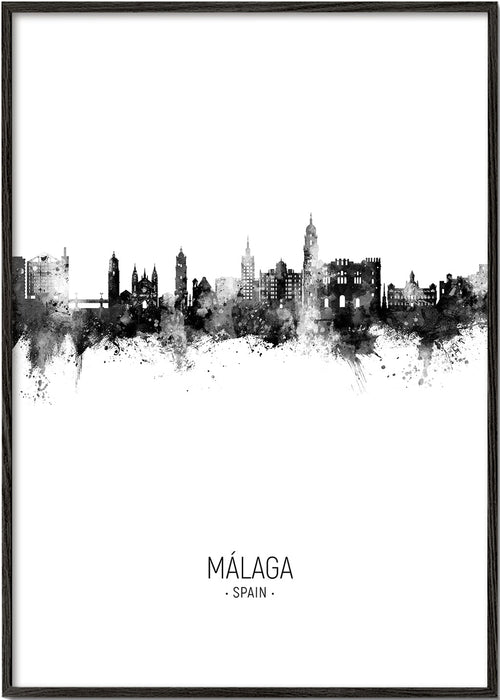 Byplakat Málaga skyline sort-hvid