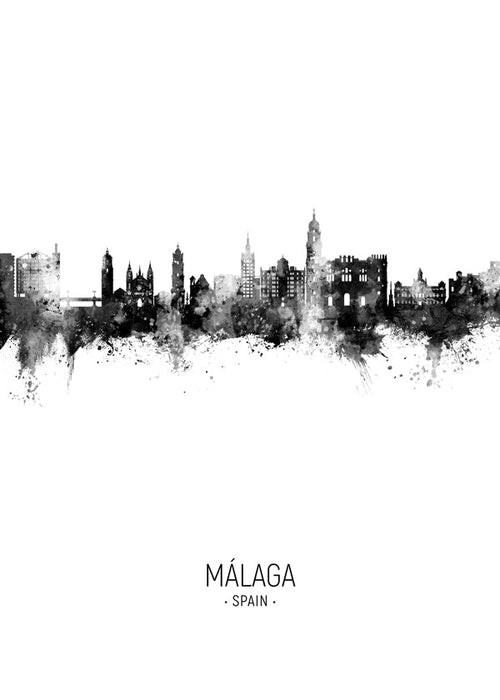 Byplakat Málaga skyline sort-hvid