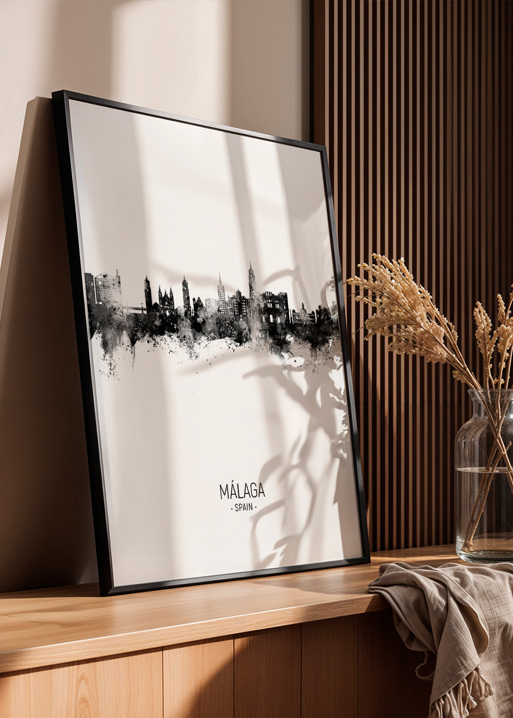 Byplakat Málaga skyline sort-hvid