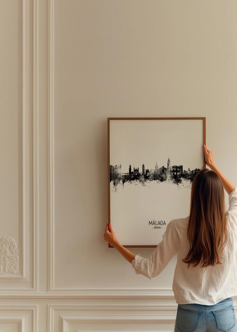 Byplakat Málaga skyline sort-hvid