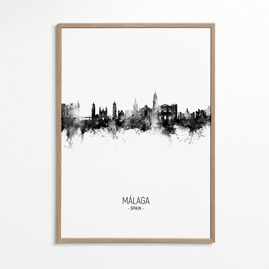 Byplakat Málaga skyline sort-hvid