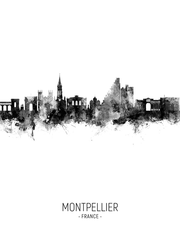 Rejseplakat Montpellier skyline blæk
