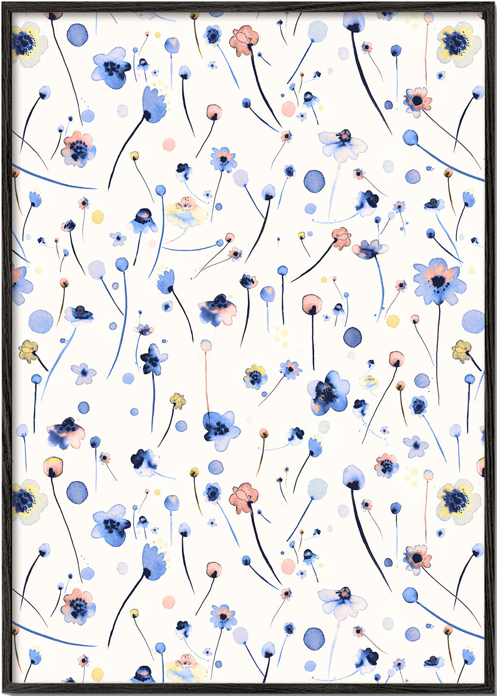 Botanisk plakat med løse blå blomster