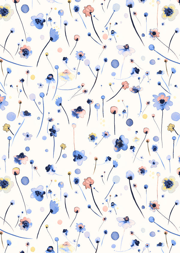 Botanisk plakat med løse blå blomster