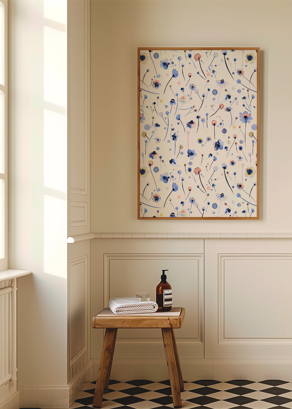 Botanisk plakat med løse blå blomster