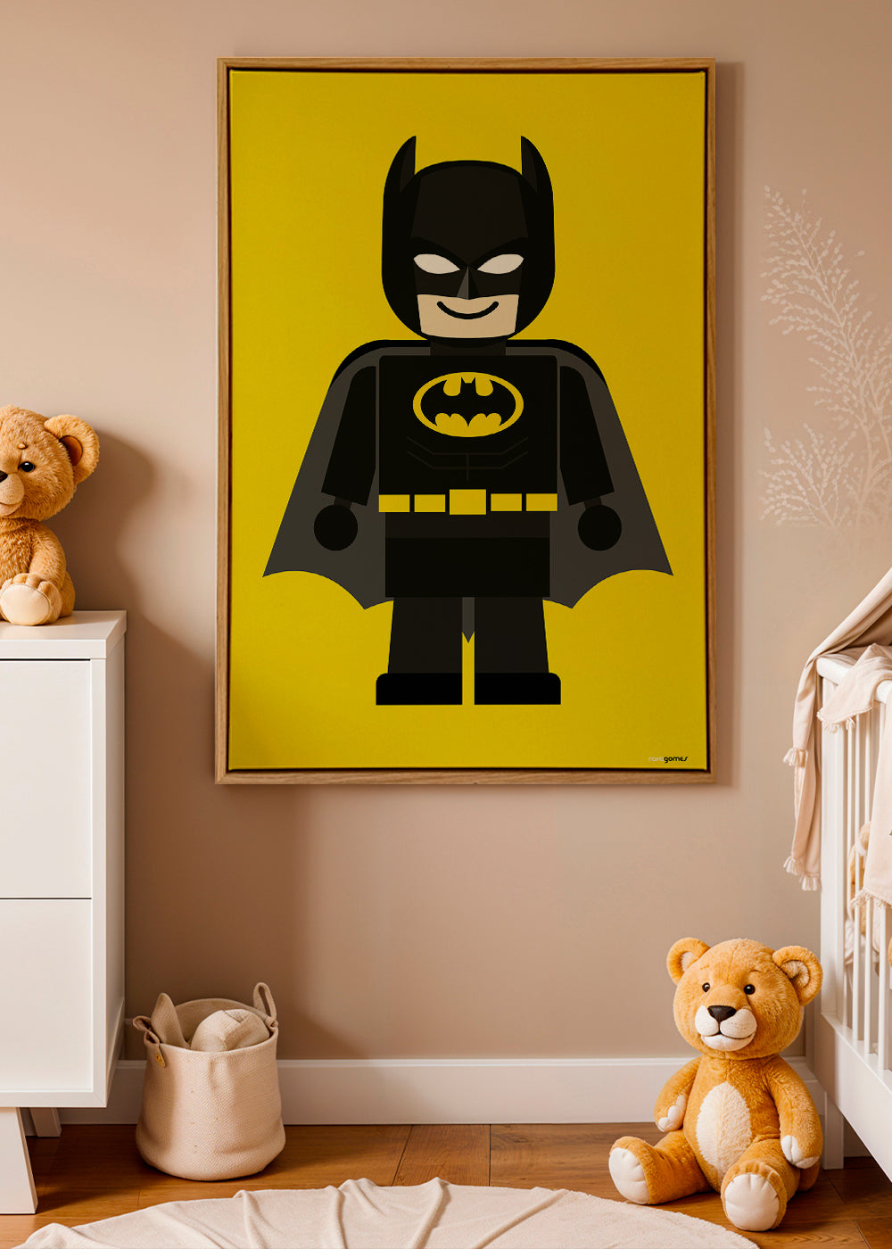 Børneplakat Batman legetøj på gul baggrund