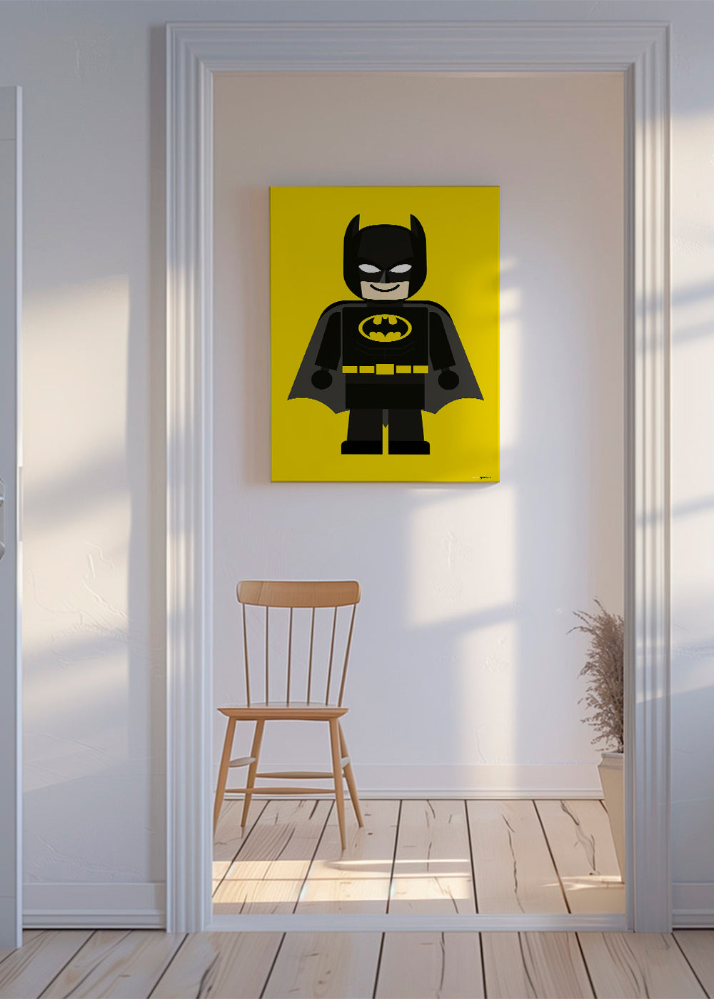 Børneplakat Batman legetøj på gul baggrund