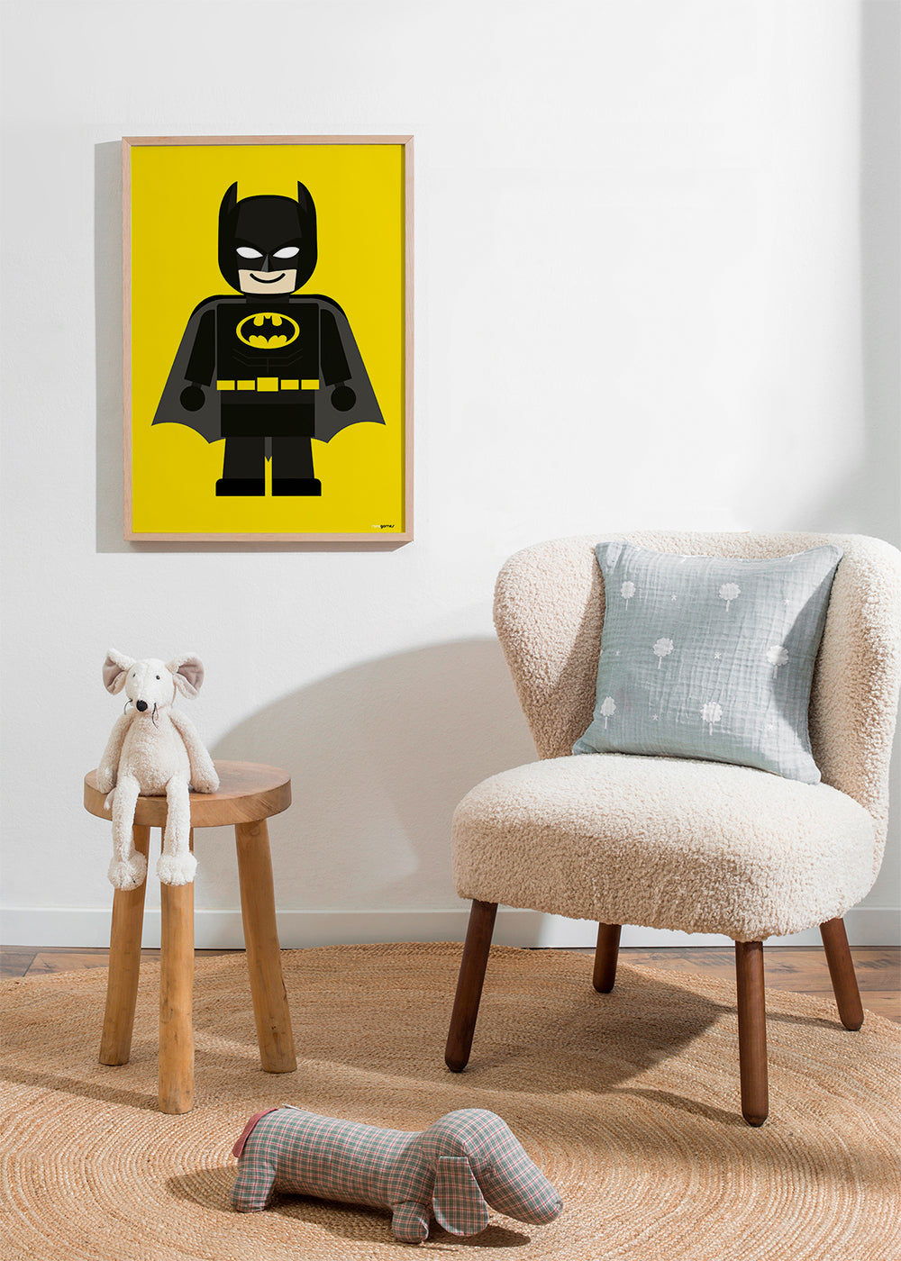 Børneplakat Batman legetøj på gul baggrund
