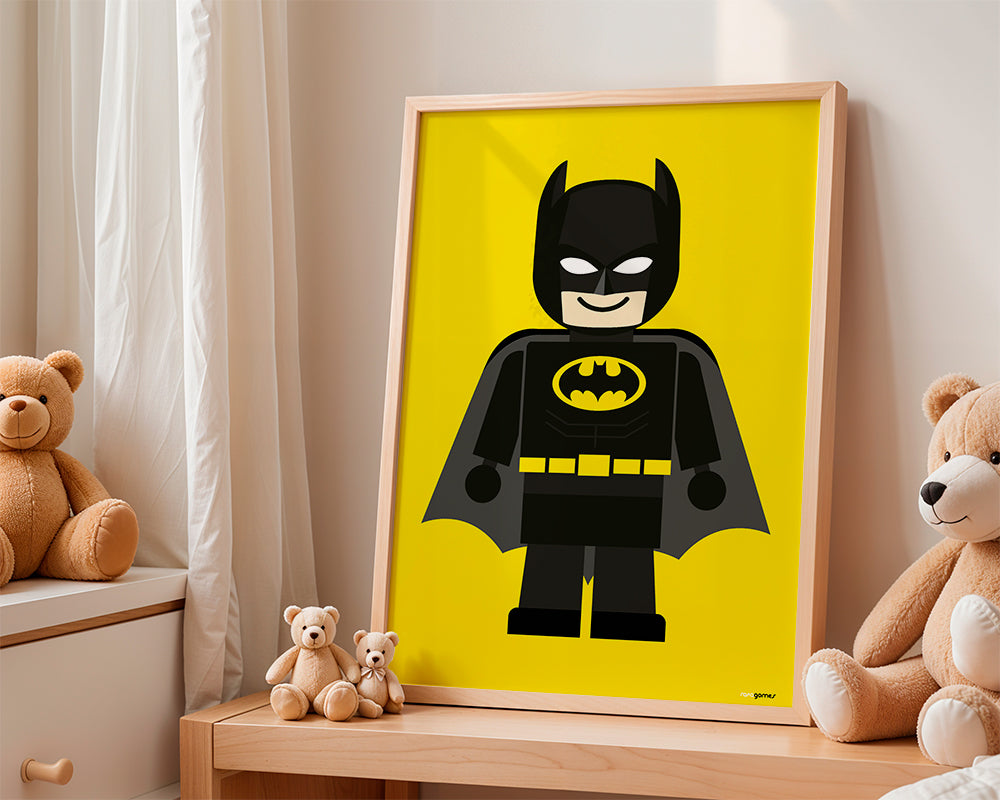 Børneplakat Batman legetøj på gul baggrund