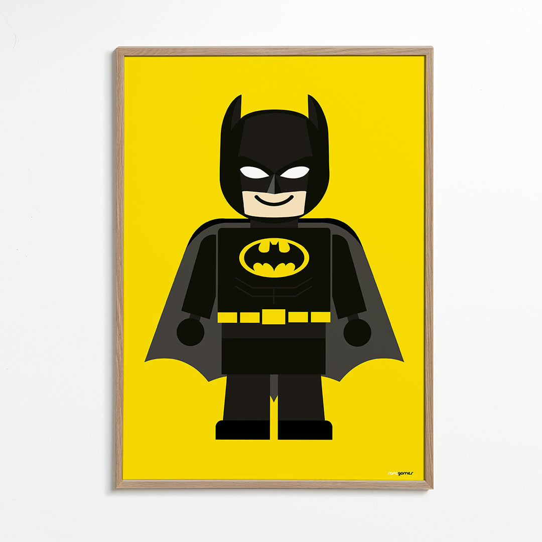 Børneplakat Batman legetøj på gul baggrund