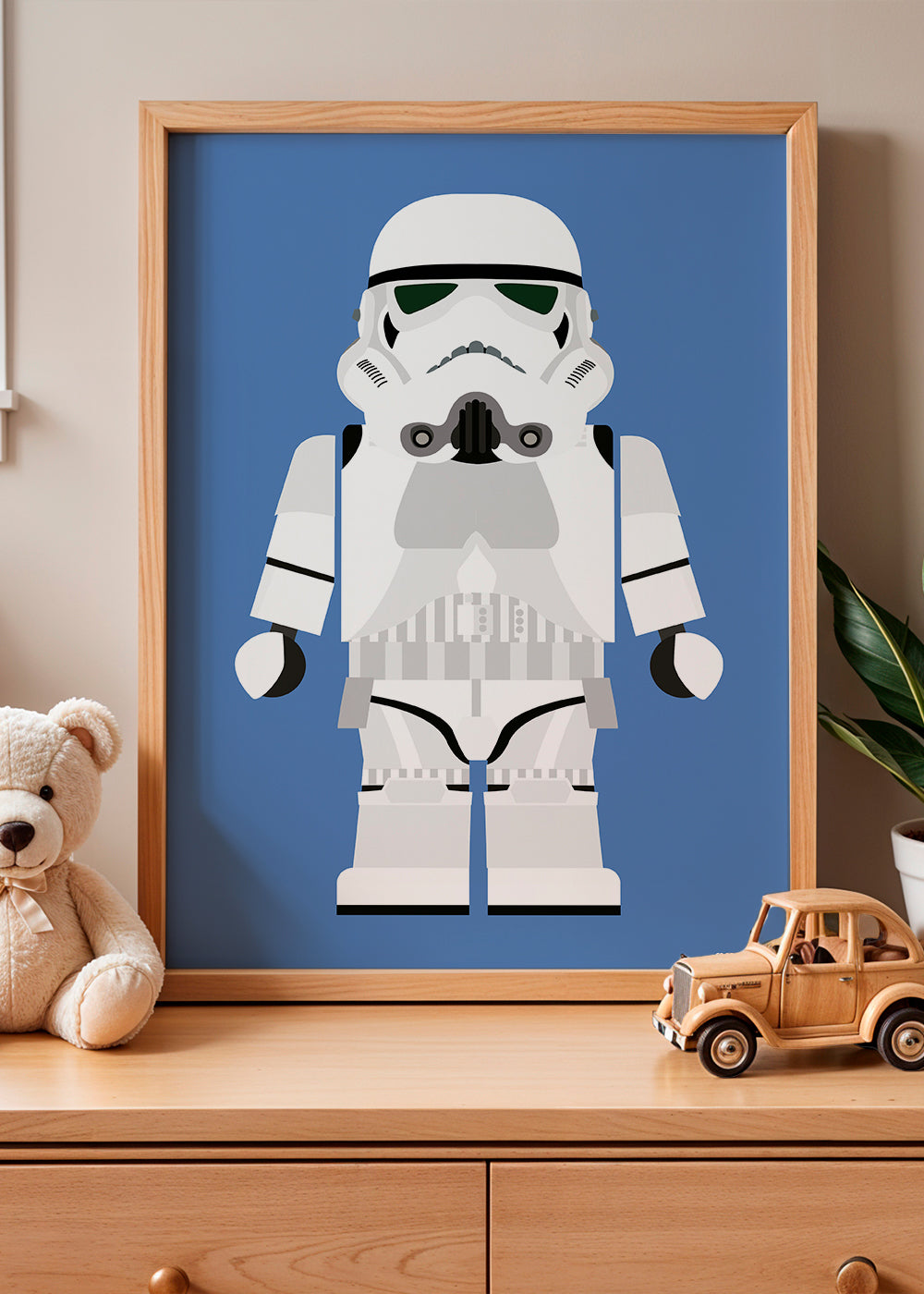 Børneplakat Stormtrooper legetøj på blåt baggrund
