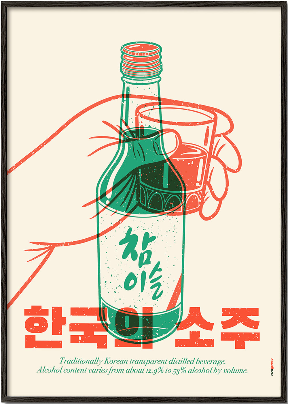 Køkkenkunst med illustreret soju-flaske