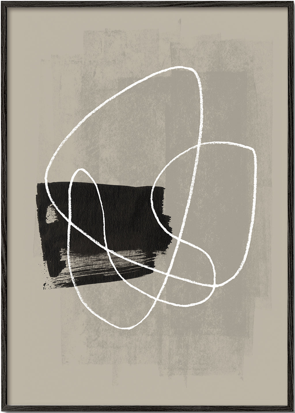 Abstrakt kunst med hvid streg og sort form
