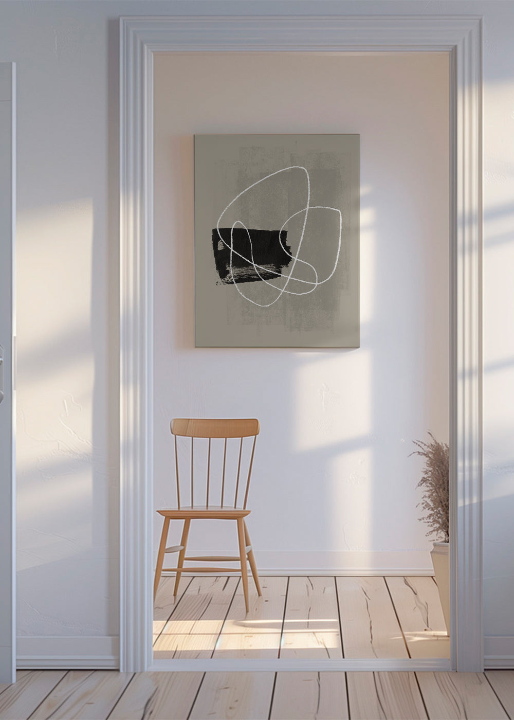 Abstrakt kunst med hvid streg og sort form