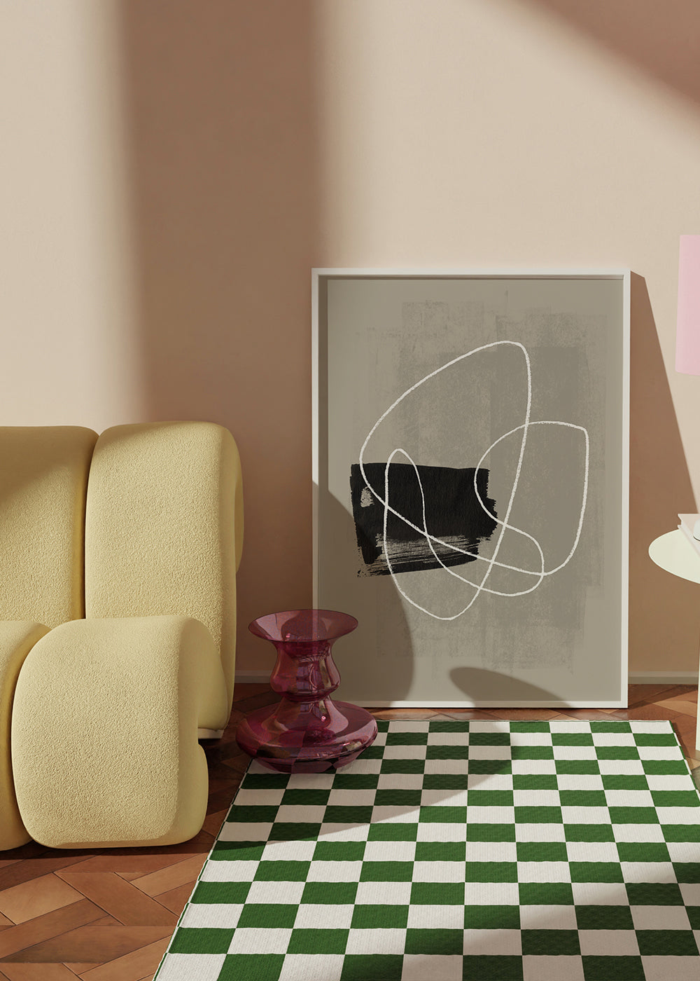 Abstrakt kunst med hvid streg og sort form