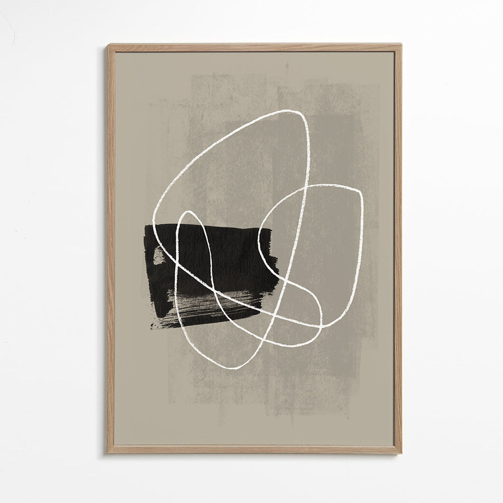 Abstrakt kunst med hvid streg og sort form
