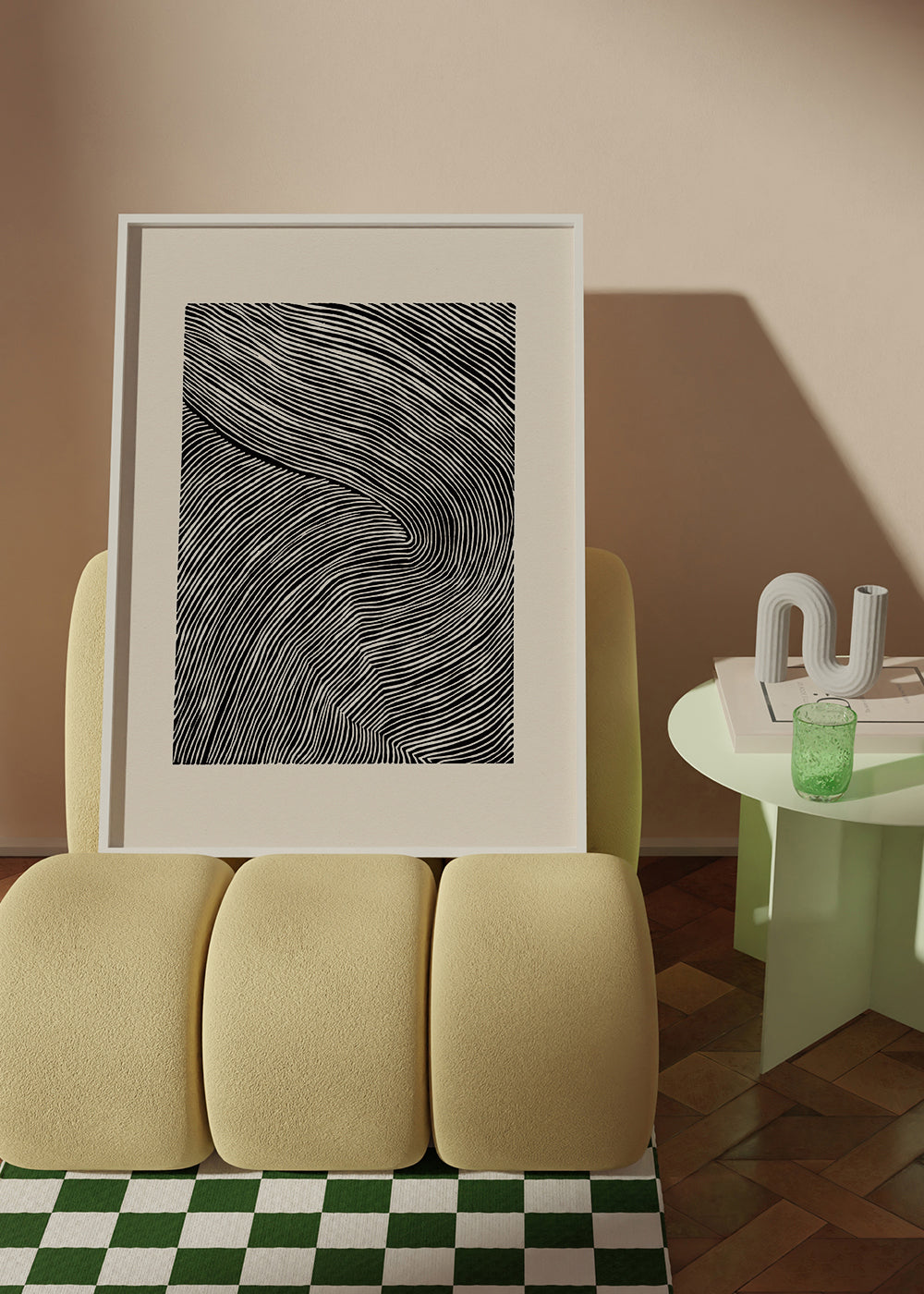 Sort-hvid kunst med bølgende linjer