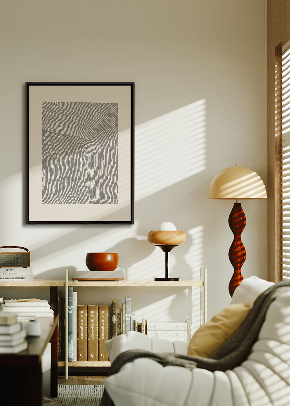 Minimalistisk plakat med bølgende linjer