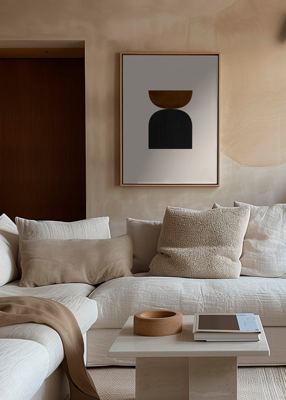 Geometrisk plakat med minimalistiske brune og sorte former