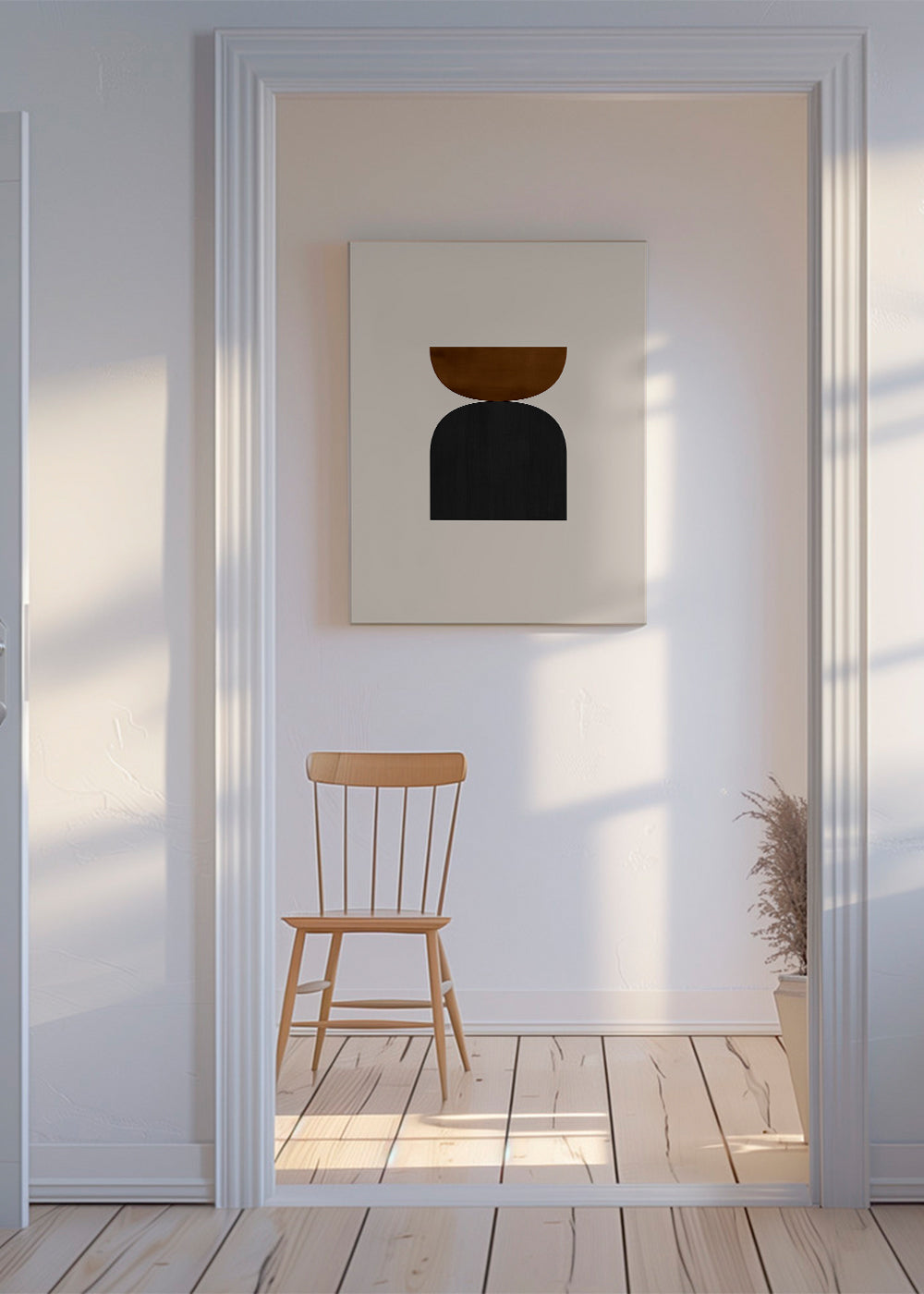 Geometrisk plakat med minimalistiske brune og sorte former