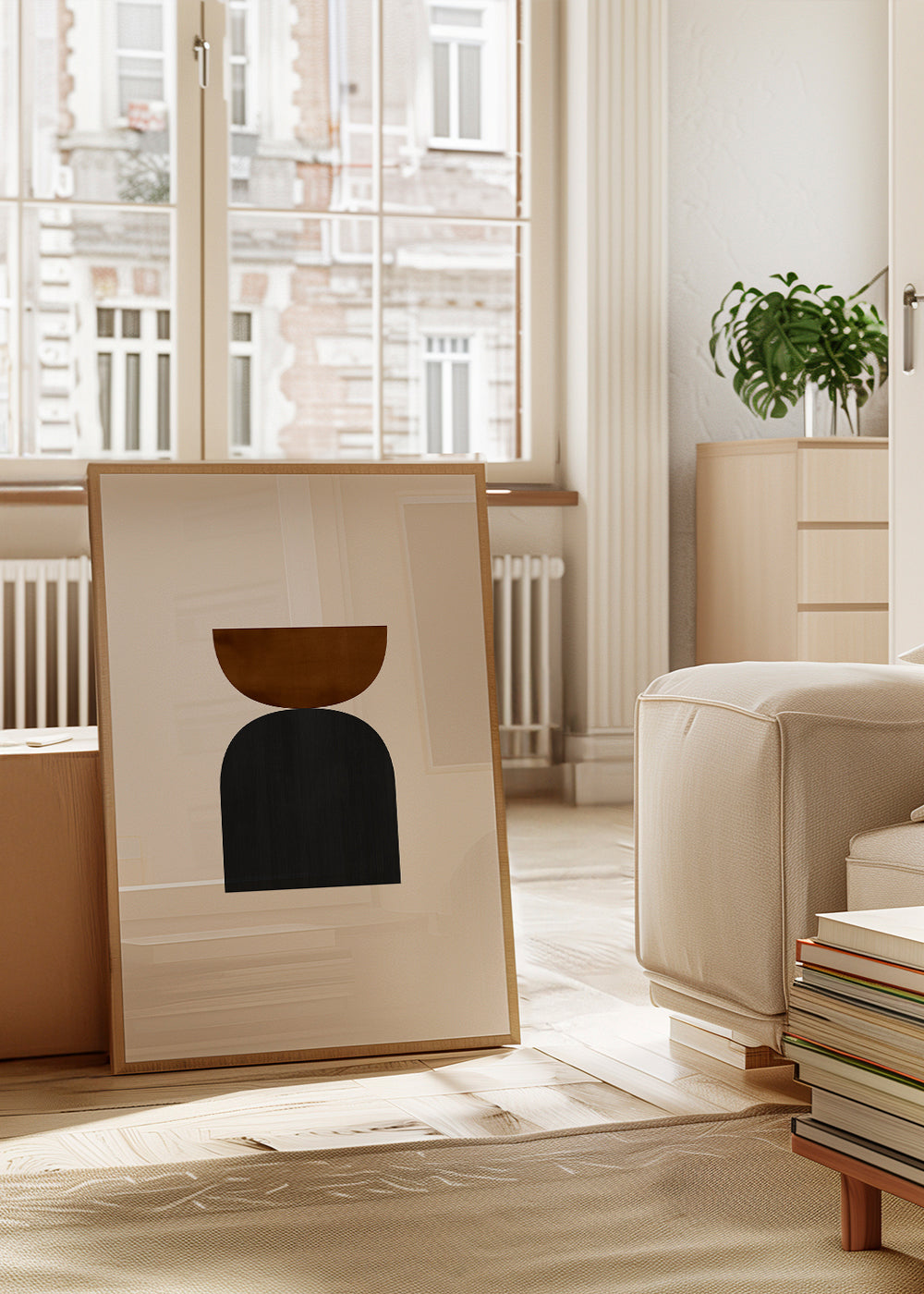 Geometrisk plakat med minimalistiske brune og sorte former