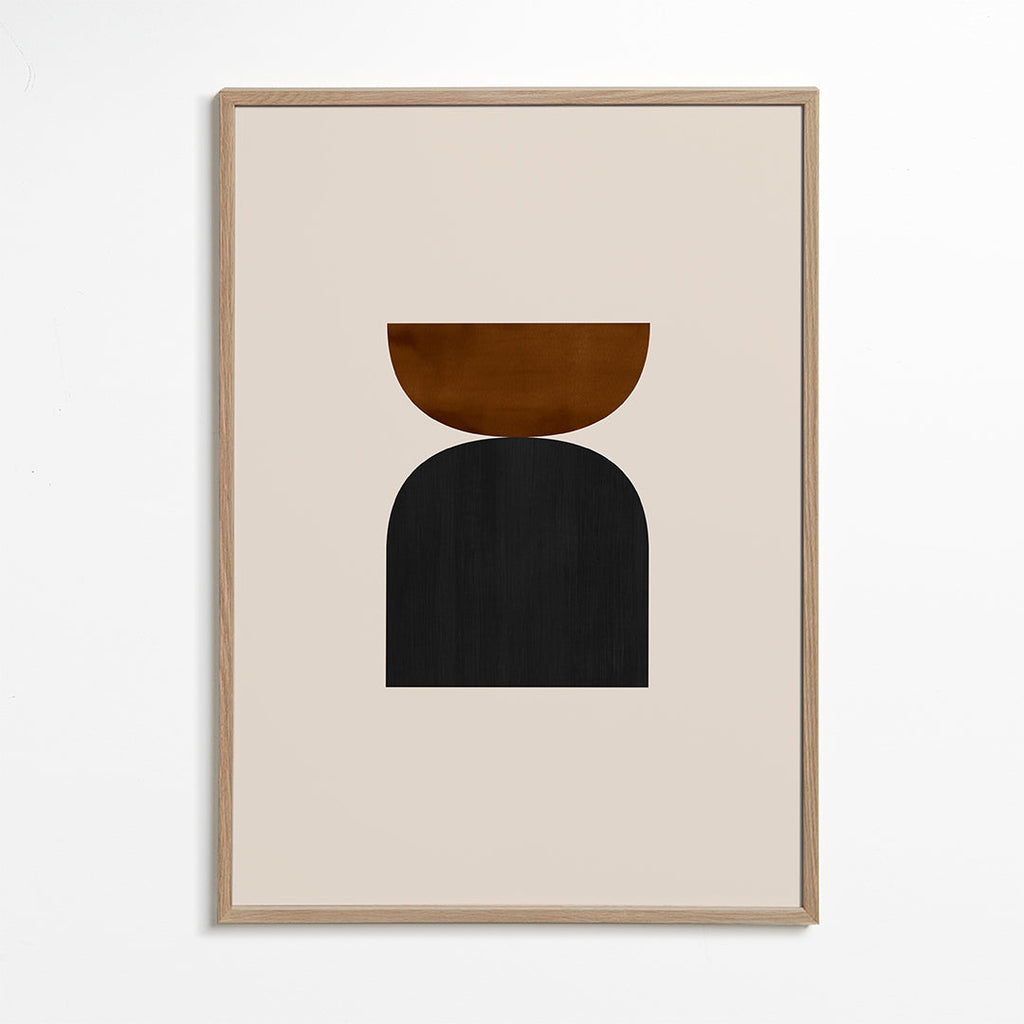 Geometrisk plakat med minimalistiske brune og sorte former