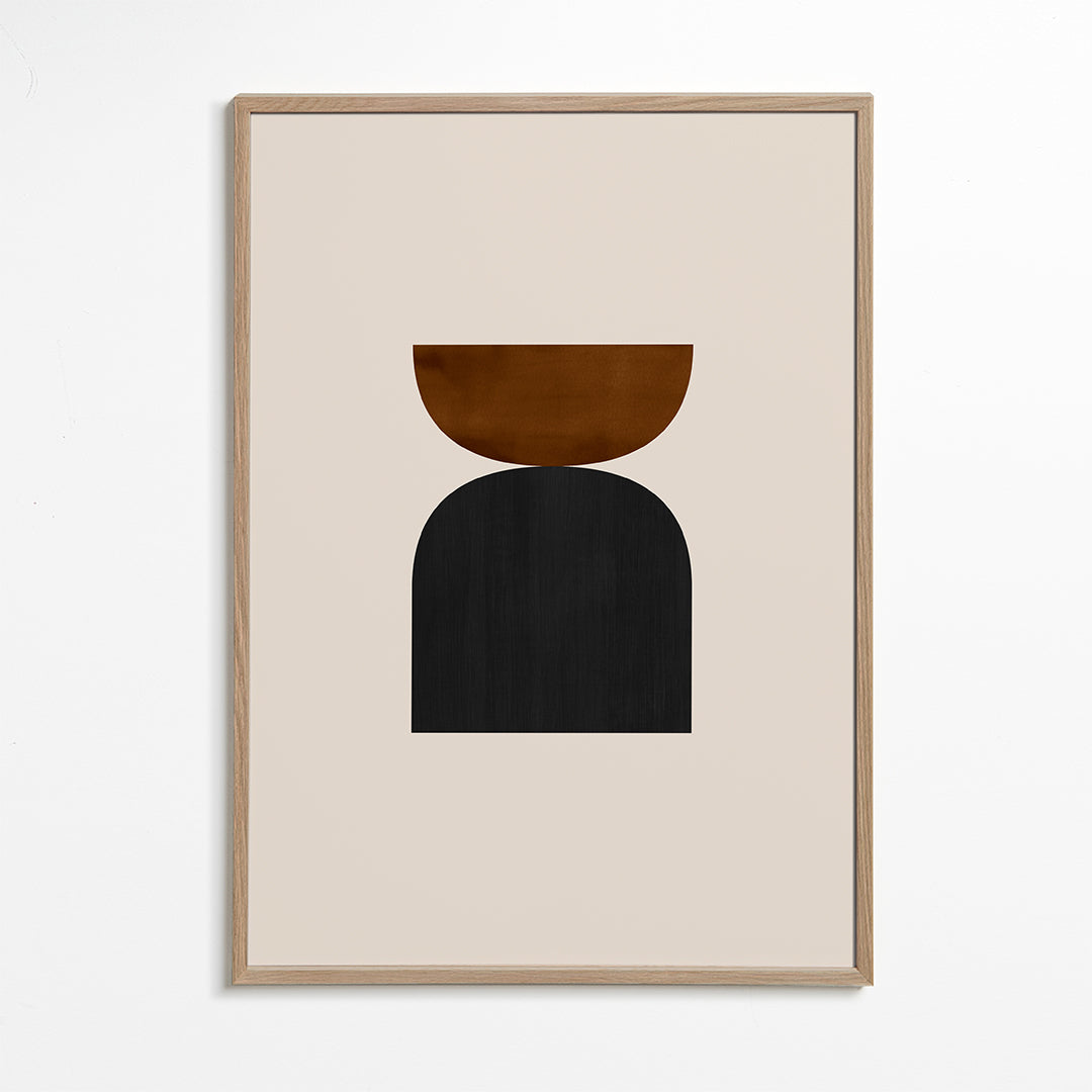 Geometrisk plakat med minimalistiske brune og sorte former
