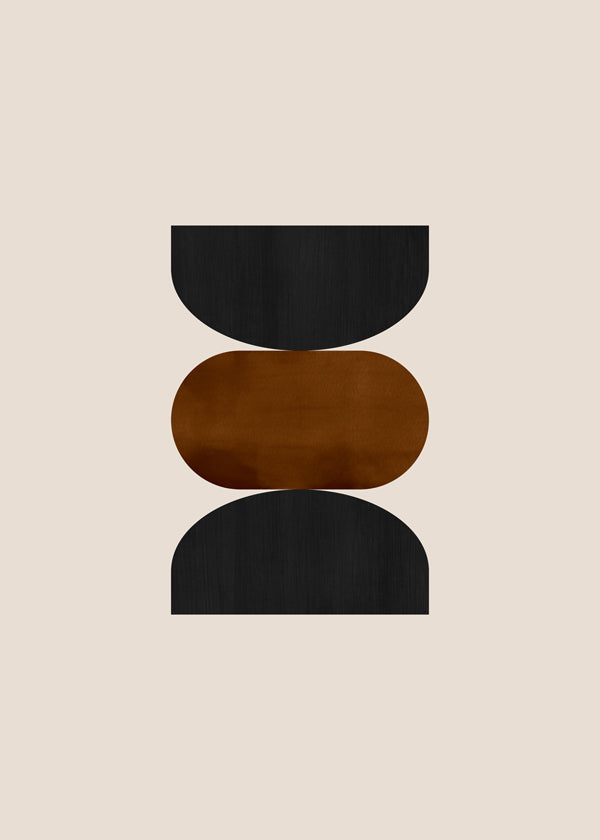Geometrisk plakat stablet i beige, rust og sort