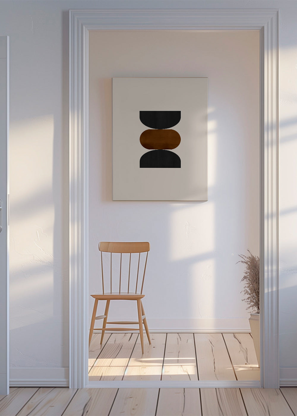 Geometrisk plakat stablet i beige, rust og sort