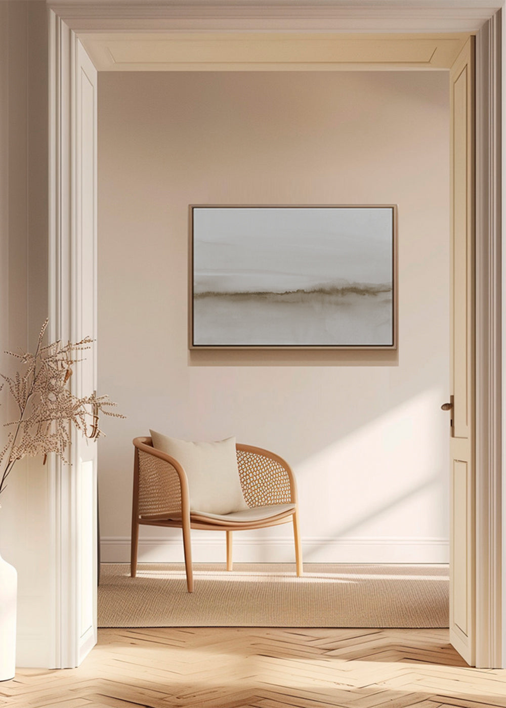 Akvarel-landskab i beige med minimalistisk udtryk